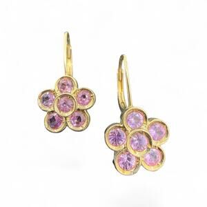 14k Yellow Gold Natural Pink Sapphire Flower Earrings Leverback Daisies Daisy